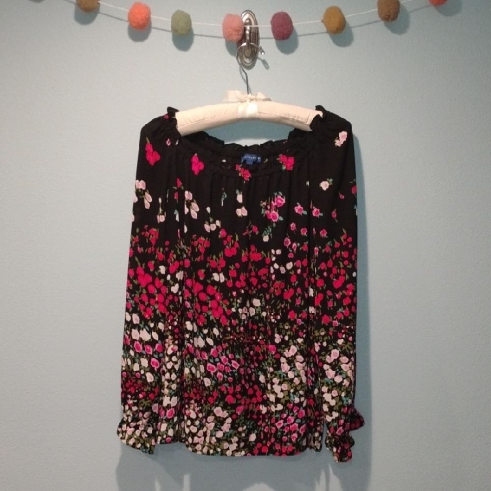 Talbots Black Floral Long-Sleeve Blouse with Shades Of Pink Flowers
